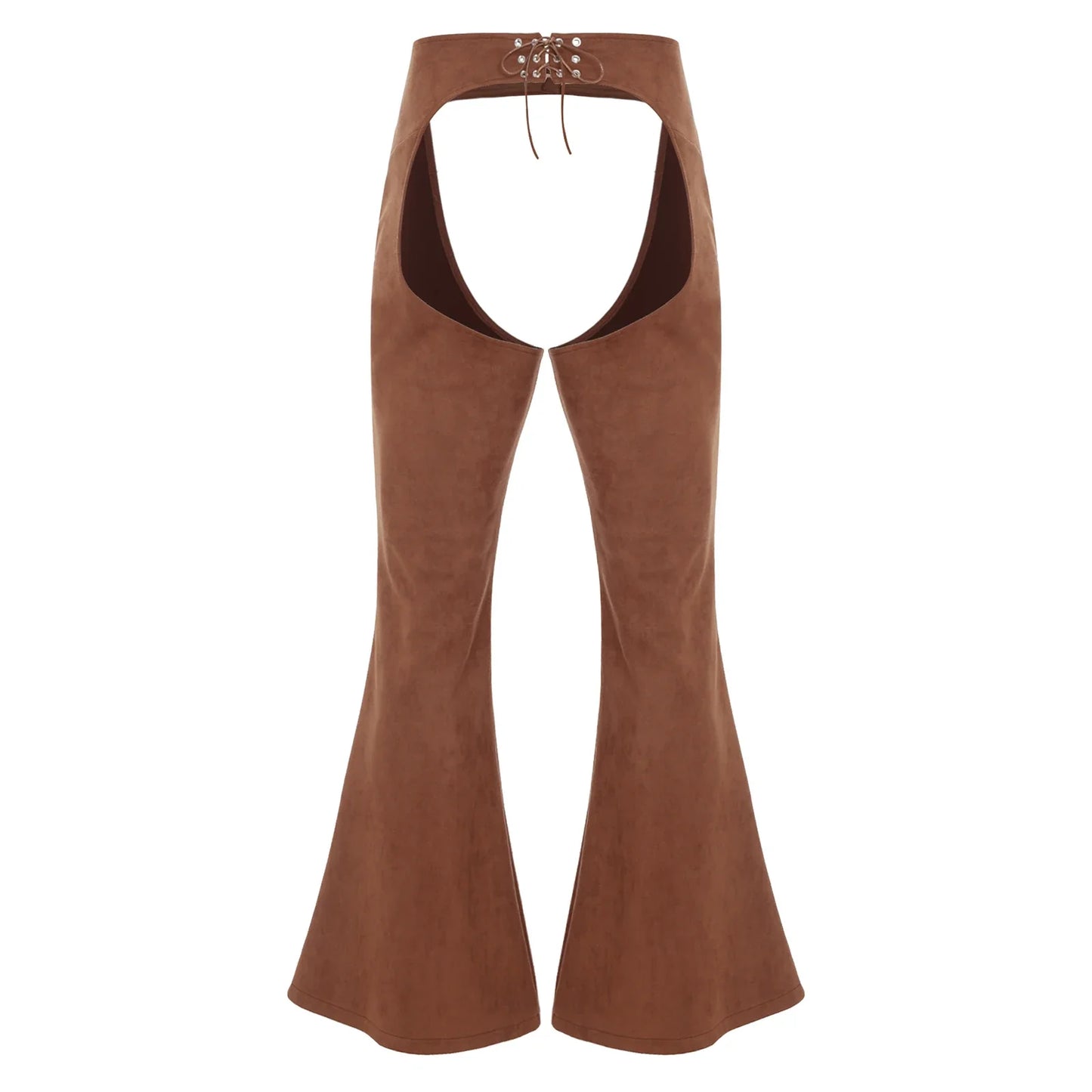 Womens Faux Suede Leather Cowboy Pants Vintage Adjustable Waist Hollow Out Bell Bottoms Biker Pants Riding Motorcycle Trousers