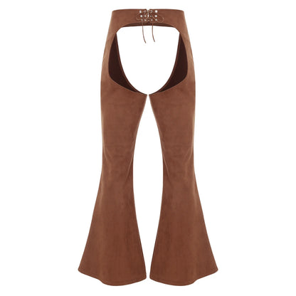 Womens Faux Suede Leather Cowboy Pants Vintage Adjustable Waist Hollow Out Bell Bottoms Biker Pants Riding Motorcycle Trousers