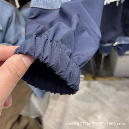 Women Patchwork Denim Bomber Jacket Spring Autumn Fake Two Piece Loose Drawstring Waist Patchwork Jean Coat Cowboy Cardigan Tops