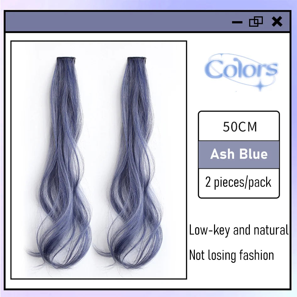 Extensions de cheveux bouclés colorés synthétiques 2 pièces/ensemble 50cm/60cm, ondulation d'eau rose/bleu/violet, perruque Halloween/Noël