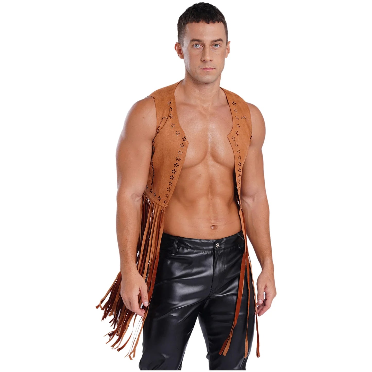 Gilet de costume de cosplay cow-boy occidental pour hommes, gilet hippie disco années 60, en faux daim, avec pompons, cardigan pour fête costumée d'Halloween ou de carnaval