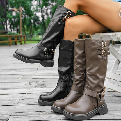 Bottes de cowboy rétro marron pour femmes 2025 Automne Hiver Cuir PU Bottes hautes Botas Mujer Fermeture éclair Boucle Plateforme Bottes de chevalier