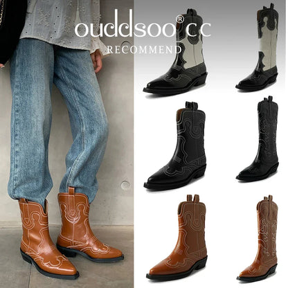 Bottes de cowboy Western Ods pour femmes en cuir véritable brodé, bout pointu, mi-mollet, style rétro, décontractées, de haute qualité