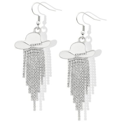 Boucles d'oreilles pendantes de cowgirl de l'Ouest, Chapeau en émail, Pendentif à pompon strass scintillant, Bijoux pour femmes pour bal, concerts country, rodéo, cow-boy