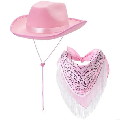 Roleplay Cowboy Hat for Female WesternStyle Hat Headscarf Bachelorettes Party Costume Travel Cowgirl Hat Bandanas 2PCS