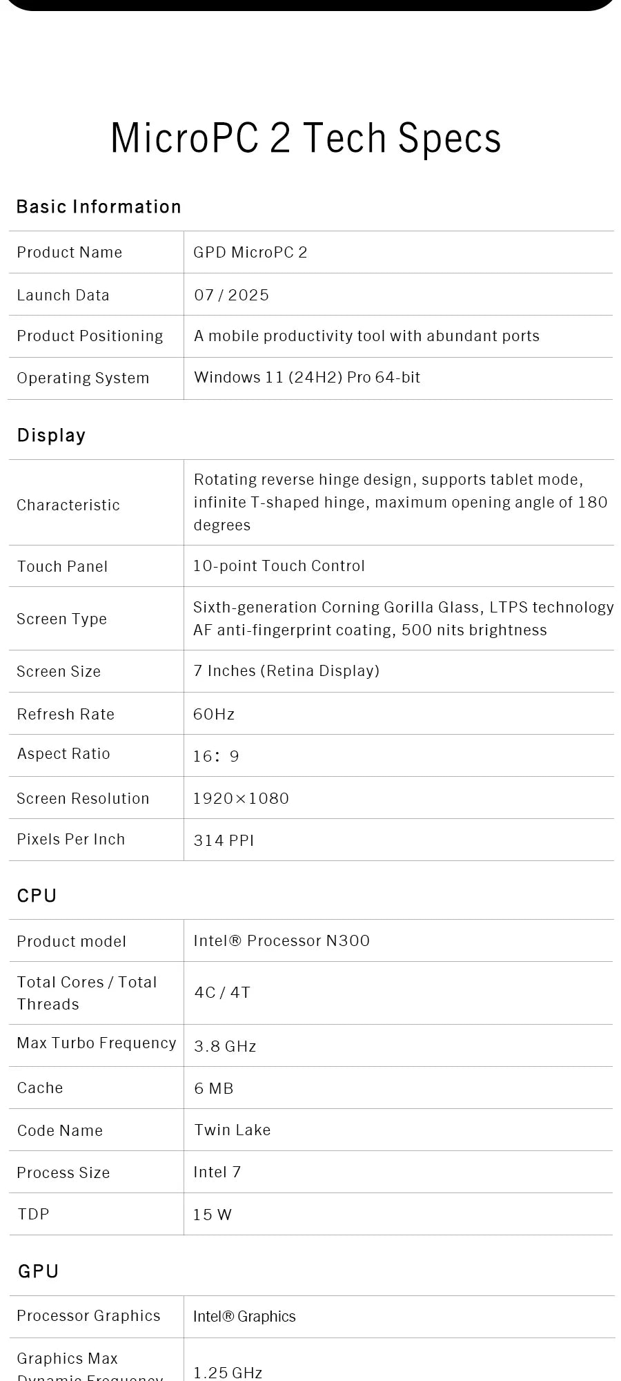 Nouvel ordinateur portable 7 pouces GPD MicroPC 2 Intel® Core™ i3-N300 16GB/512GB Portable Ordinateur Portable Windows 11