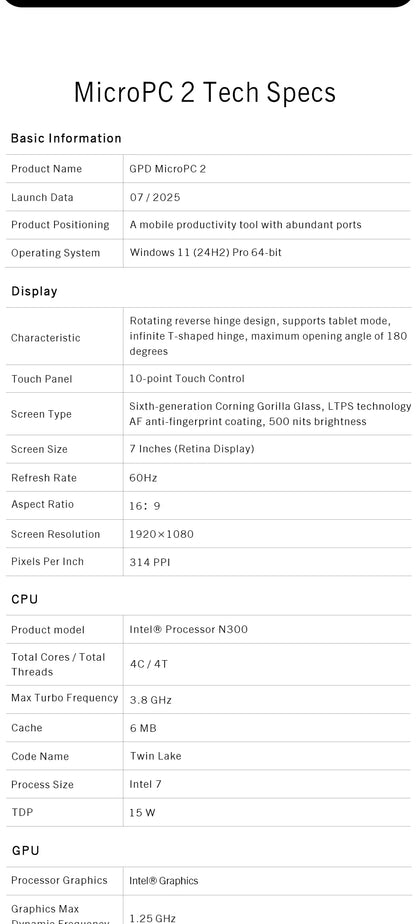 Nouvel ordinateur portable 7 pouces GPD MicroPC 2 Intel® Core™ i3-N300 16GB/512GB Portable Ordinateur Portable Windows 11