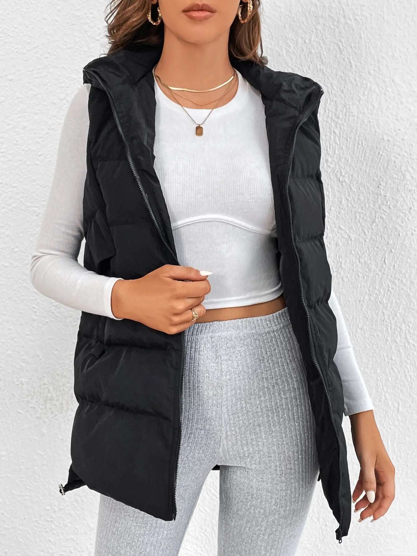 Cross-border Foreign Trade Europe and the United States Solid Color Cotton Jacket Hooded Long Zipper Cotton Vest Coat Female