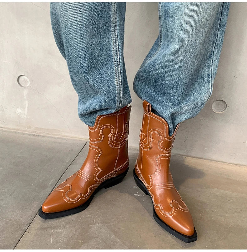 Bottes de cowboy Western Ods pour femmes en cuir véritable brodé, bout pointu, mi-mollet, style rétro, décontractées, de haute qualité