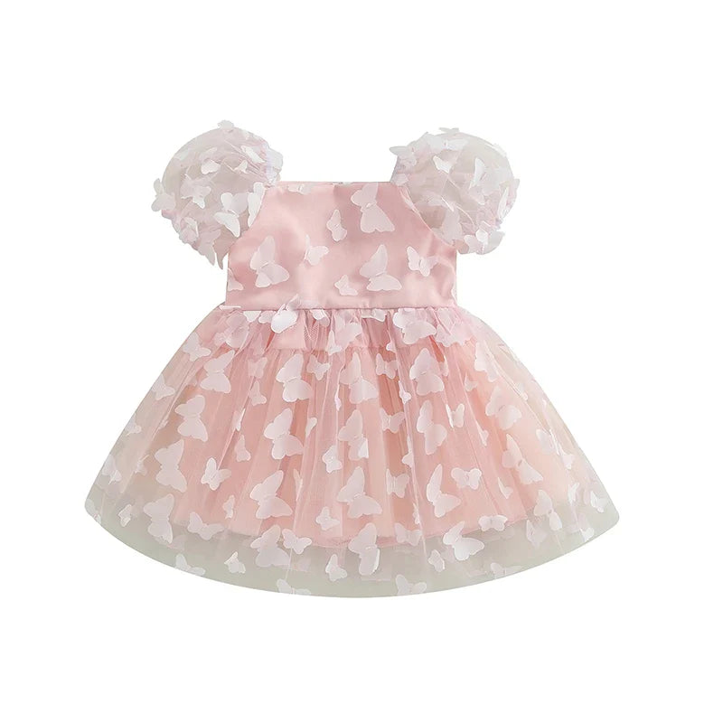 Robe en Tulle à manches bouffantes pour petites filles, tenue de fête d'anniversaire en maille fleur/papillon 3D, vêtements décontractés pour petites filles, robes de princesse