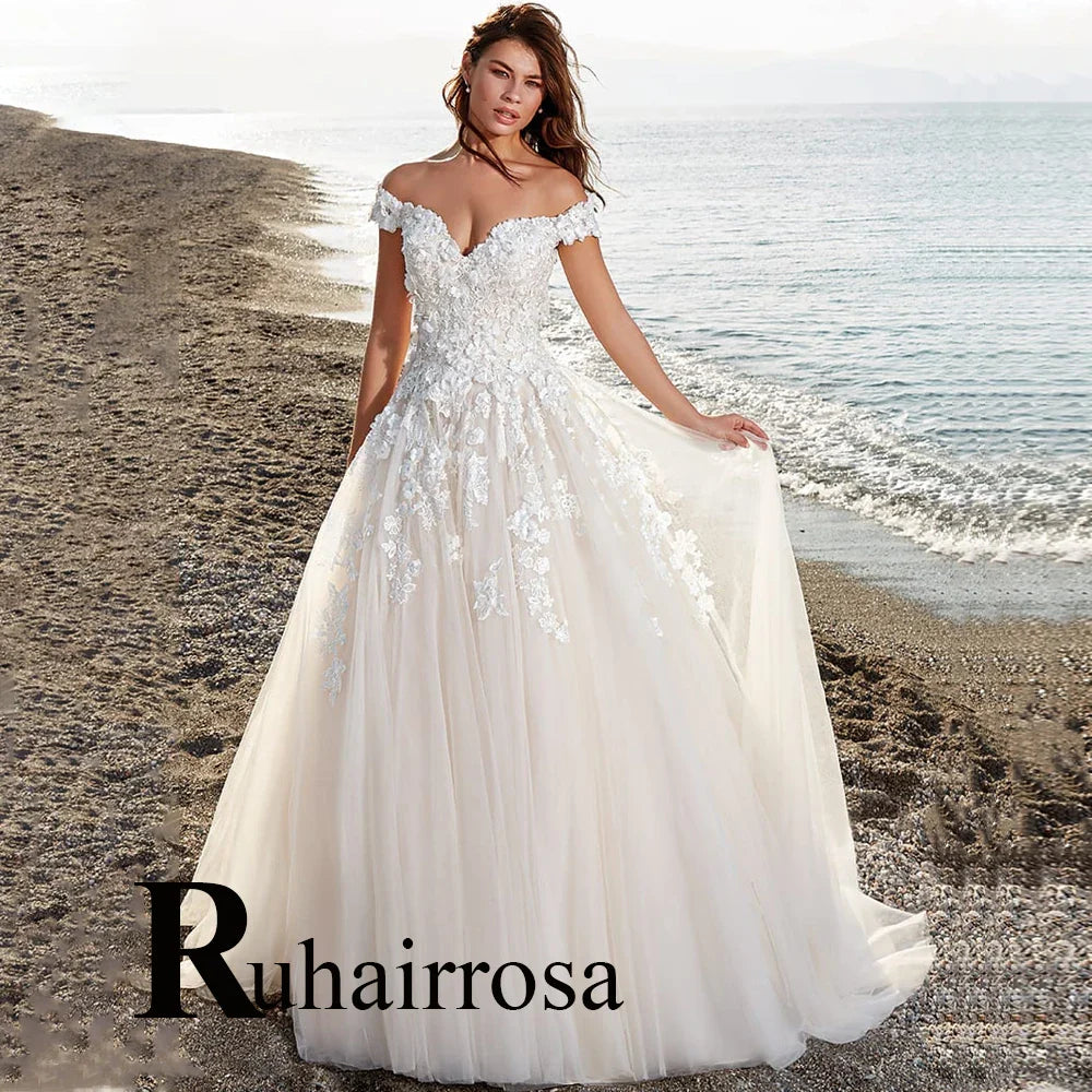 Ruhair Exquisite Ball Gown Wedding Dresses Appliques Lace Square Collar Full Sleeves Draped Robe De Mariée Engagement Plus