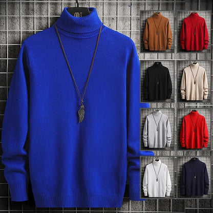 Pulls Hommes Chandails Tricotés Col Roulé Couleur Unie Épaisse Décontractée Manches Longues Haut Tricoté Épissé Pull Coupe Slim Automne Hiver