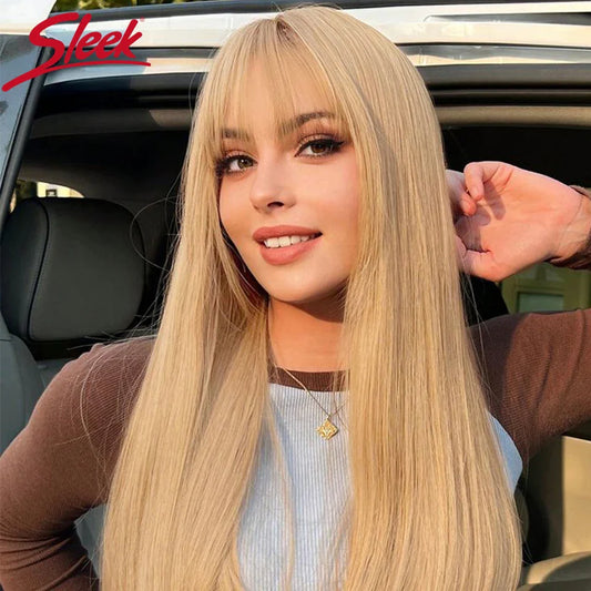 Sleek Brown Blonde Colored Human Hair Wigs For Women 100% Real Ready To Wear Short Brazilian Hair Wigs Straight Wig With Bangs