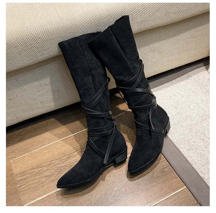 Matte Leather Gothic Western Cowboy Boots Women's Fashion Autumn New Style Pointed Toe Lace-up Retro High Top Flat Heel Boots