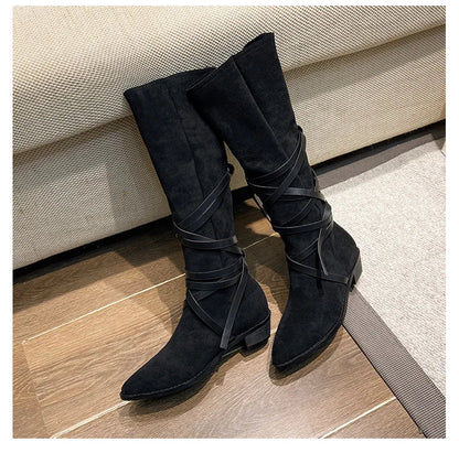 Matte Leather Gothic Western Cowboy Boots Women's Fashion Autumn New Style Pointed Toe Lace-up Retro High Top Flat Heel Boots