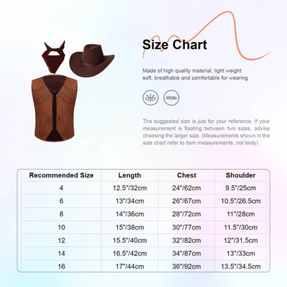 Boys Girls Western Cowboy Cosplay Costume Suede Fringe Vest with Bandanna Scarf Hat Halloween Carnival Party Cowgirl Dress Up