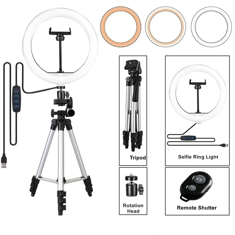 LED Selfie anneau lumineux photographie vidéo lumière RingLight support de téléphone trépied lumière de remplissage lampe à intensité variable Trepied Streaming 10 "26 cm