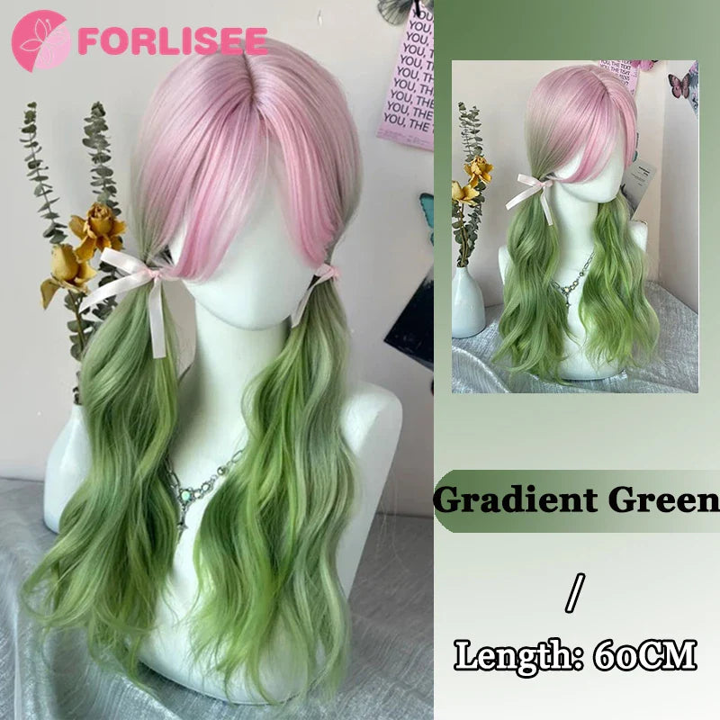 Pink Blonde Highlights Long Wavy Wig Synthetic Colorful Lolita Cosplay Hair Wigs with Bangs for Women Heat Resistant Daily Use
