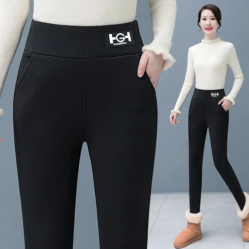 Leggings en laine d'agneau femmes taille haute Leggings chauds en plein air marche pantalons décontractés extensible maigre avec poche Leggings élégants