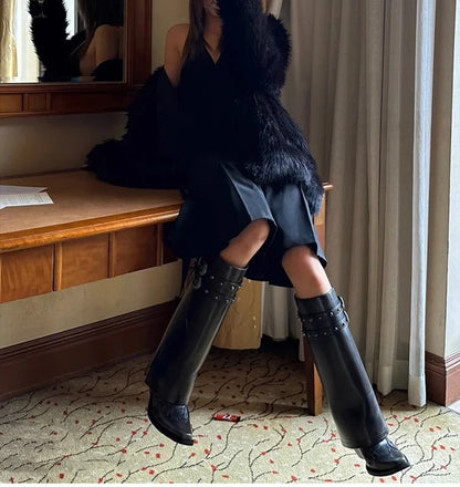 Autumn Cowboy Boots For Women Fashion Slip On Long Pipe Boots Female Square High Heel Trend Winter Footwear