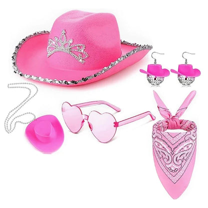 Chapeau cow-girl rose avec bandana lunettes soleil, accessoires WesternCostume pour femmes filles, fournitures