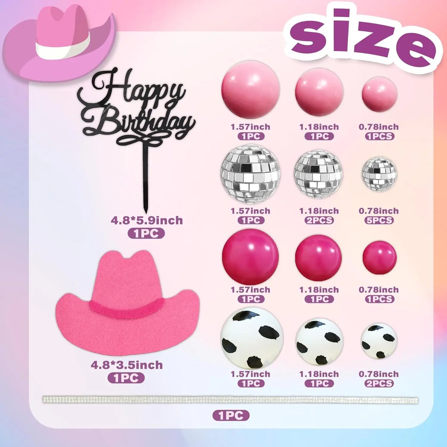 Hot Pink Cowgirl Cake Topper, Glitter Cowgirl Hat, Disco Balls for Western Theme Party, Birthday Party Supplies