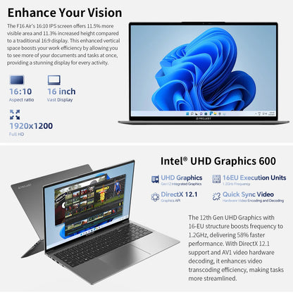 Ordinateur portable TECLAST F16 Air 16 pouces, rabattable à 180 degrés, 16 Go + 512 Go, processeur Intel N95, Windows 11, mini HDMI, clavier rétroéclairé