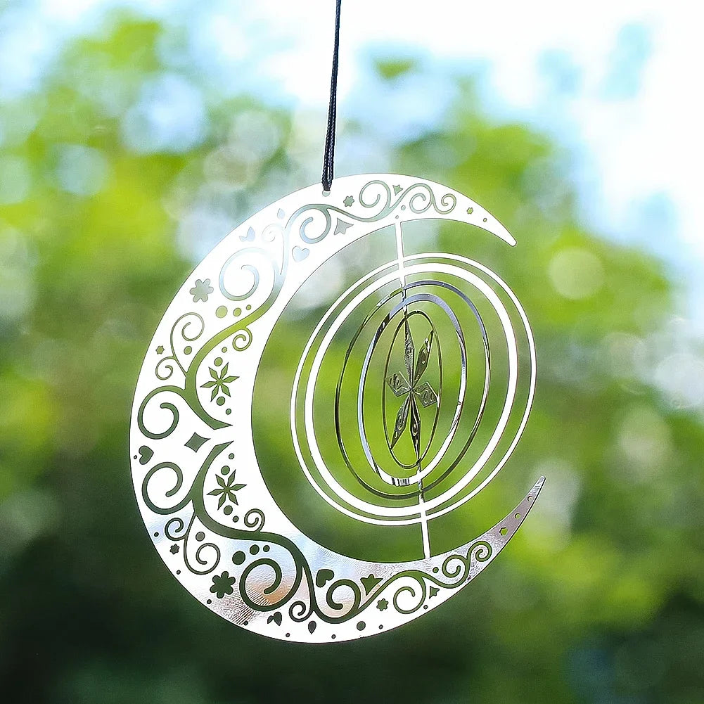 Moon Snowflake Wind Spinner Hanging Stainless Steel 3D Whirligigs Wind Chimes Catcher Yard Garden Christmas Decor Bird Deterrent
