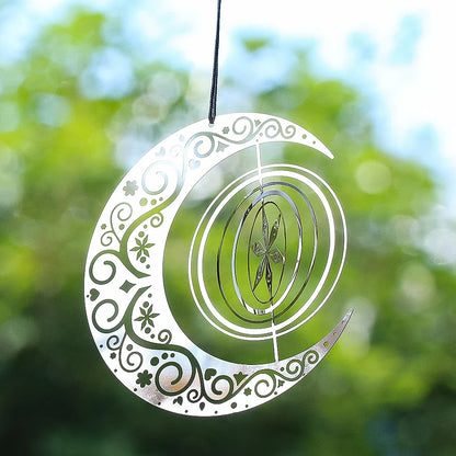 Moon Snowflake Wind Spinner Hanging Stainless Steel 3D Whirligigs Wind Chimes Catcher Yard Garden Christmas Decor Bird Deterrent