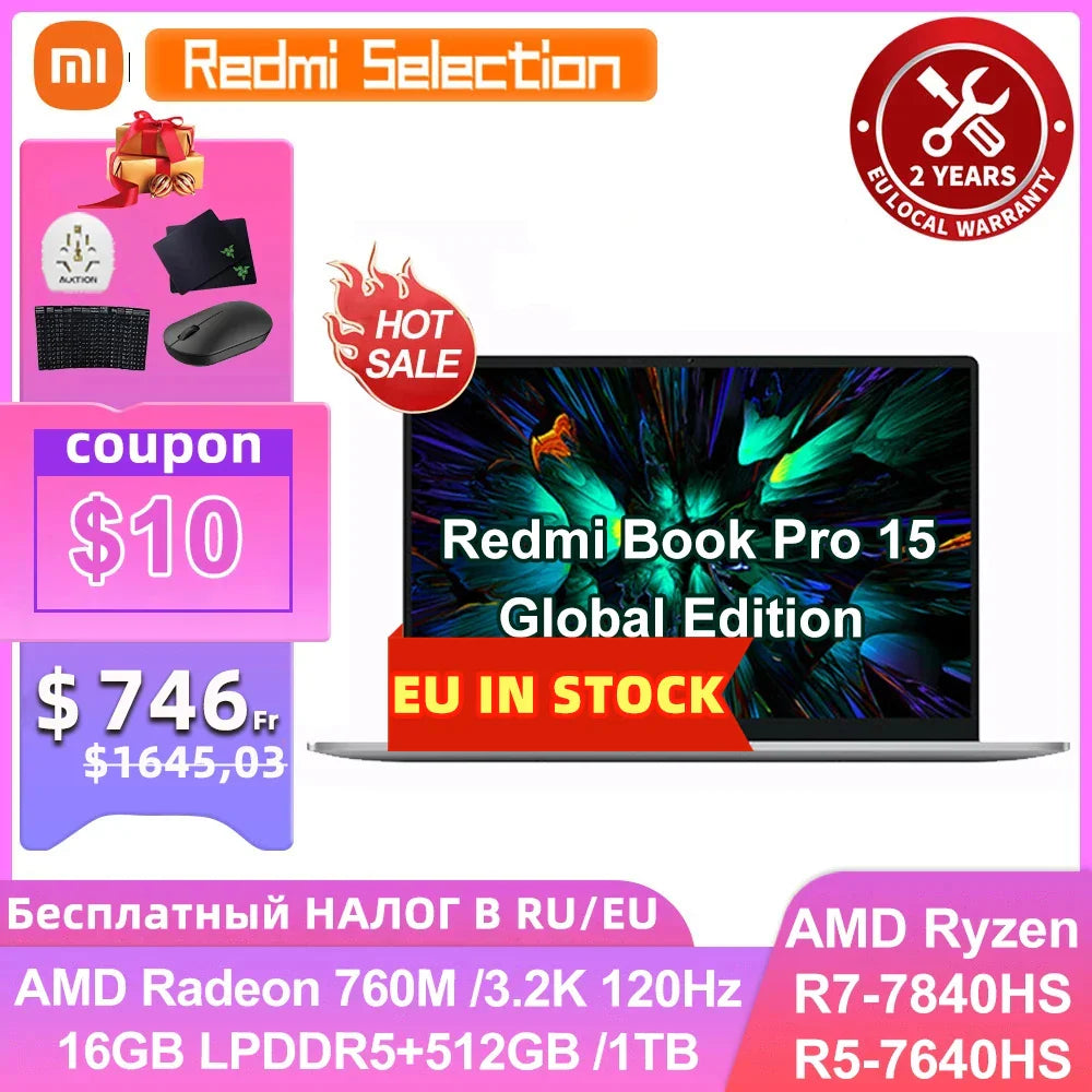 2023 Xiaomi Ordinateur portable Redmi Book Pro 15 Ryzen R5-7640HS/R7-7840HS AMD 780M/760M 16 Go de RAM 512 Go/1 To 15,6 pouces 3.2K 120Hz Mi Notebook