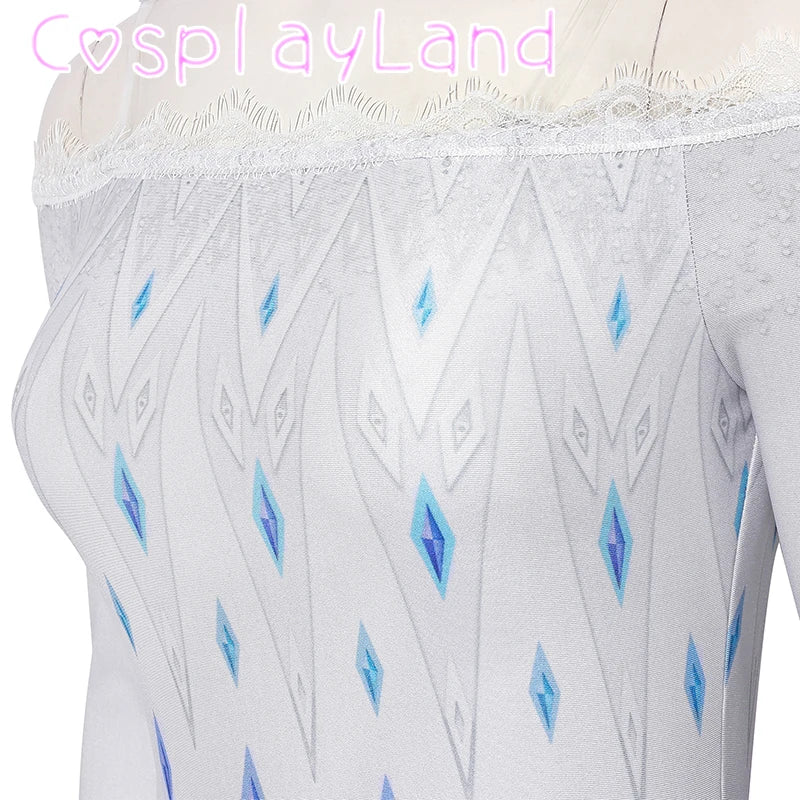 Costume de Cosplay Reine Elsa Robe Carnaval Fantaisie Halloween Femme Impression Princesse Robe Blanche Tenue Sur Mesure