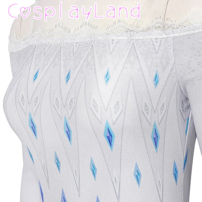 Costume de Cosplay Reine Elsa Robe Carnaval Fantaisie Halloween Femme Impression Princesse Robe Blanche Tenue Sur Mesure
