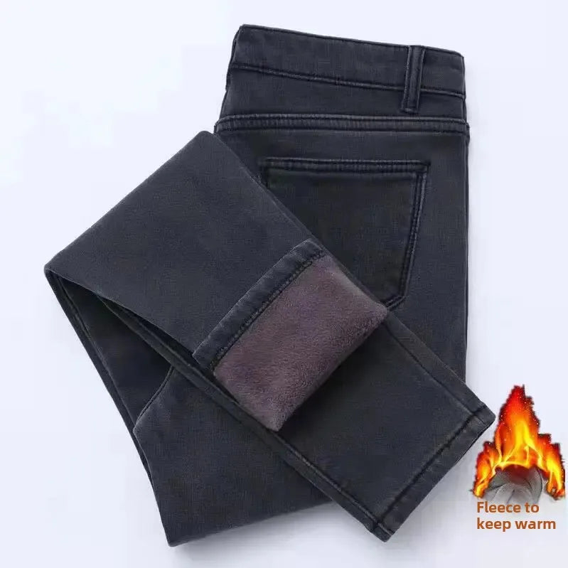 WinterFleece-Lined Thickened High-Waisted Jeans Women's Korean Style Black Slimming Trousers Student Elastic Long Pants