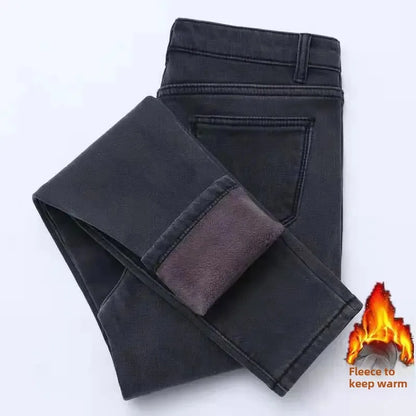 WinterFleece-Lined Thickened High-Waisted Jeans Women's Korean Style Black Slimming Trousers Student Elastic Long Pants