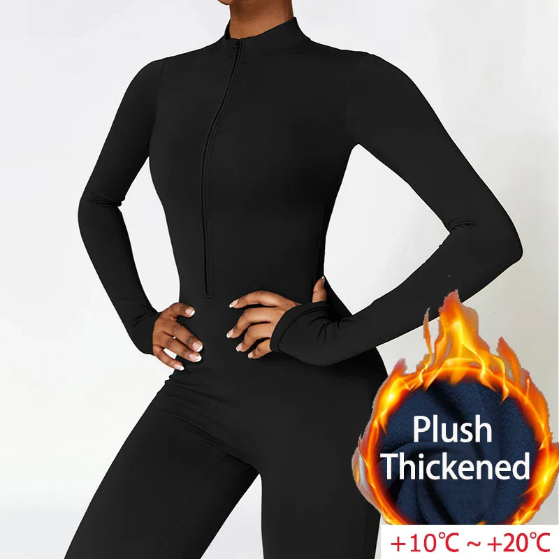 Combinaisons de sport chaudes en peluche pour femmes, survêtement une pièce, Fitness, ensembles de gymnastique d'hiver, manches longues, body d'exercice noir pour femme