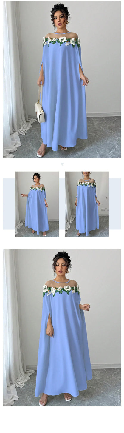 Robe longue de soirée élégante, à la mode, Chic, décoration florale, couleur unie, tempérament de printemps, robe longue ample
