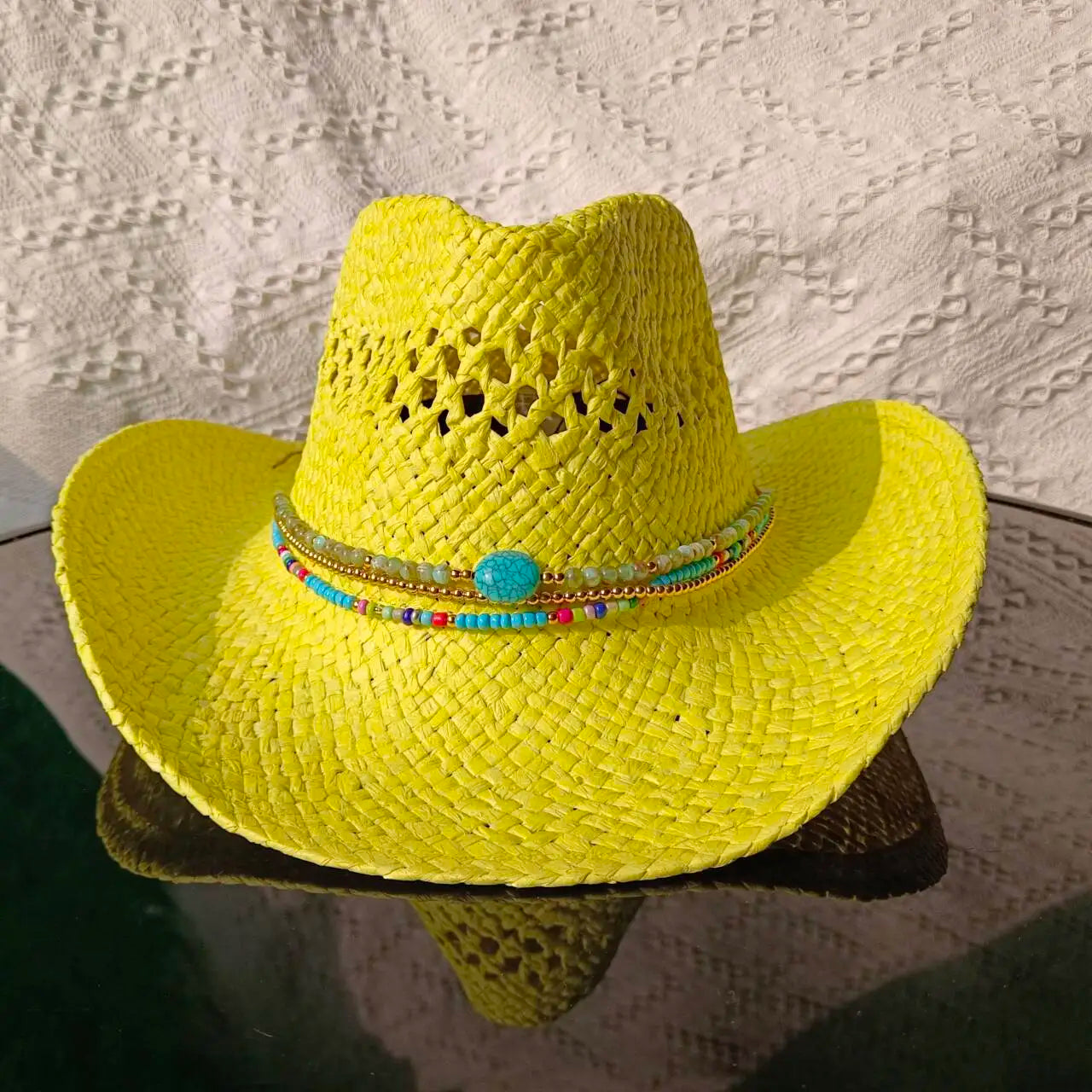 Chapeau de paille de cowboy vert matcha, tissé à la main, creux, pour hommes et femmes, chapeau de soleil d'été, chapeau de paille de cowboy occidental