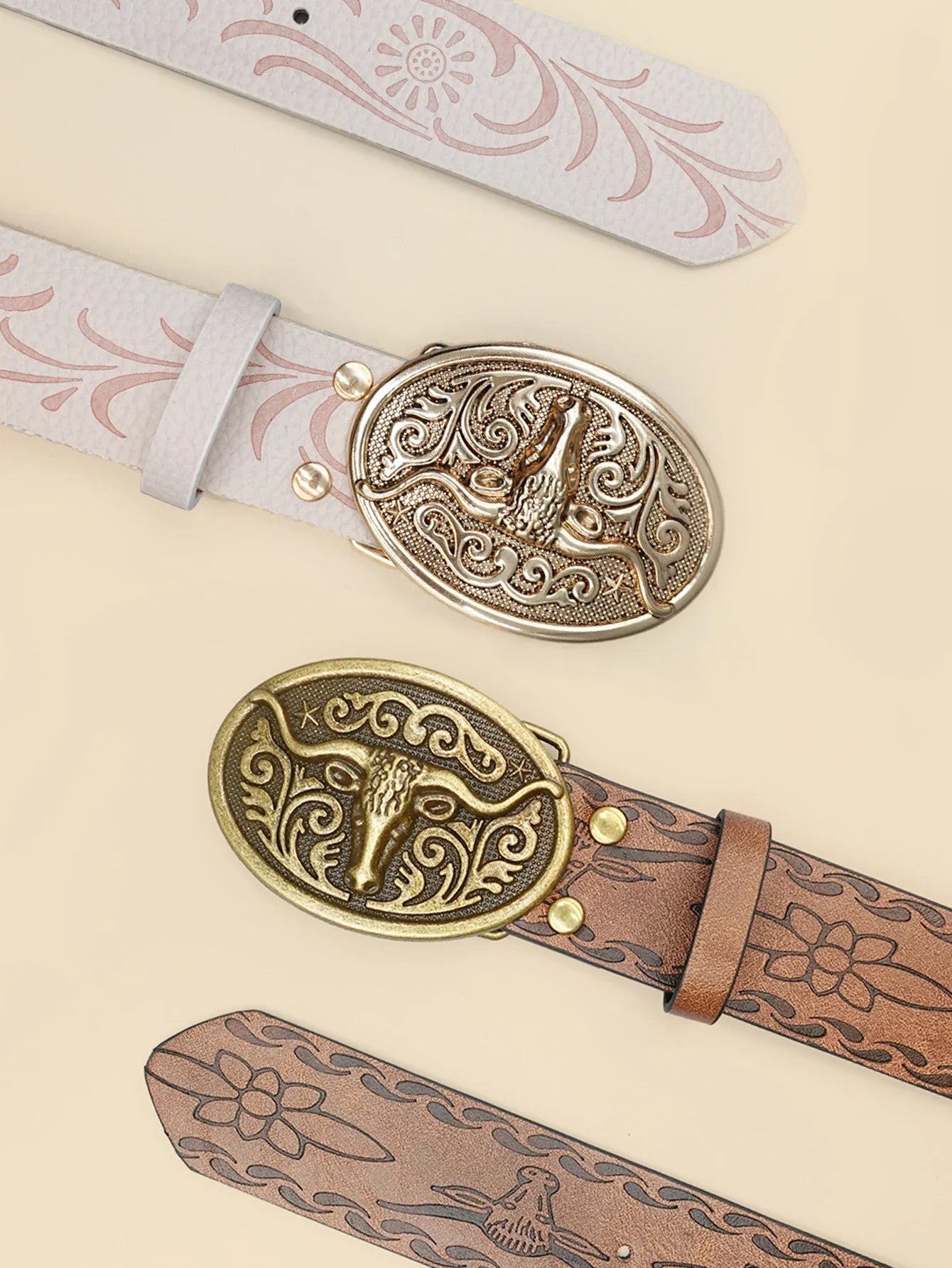 Ceinture décontractée vintage de style cowboy occidental – Boucle sculptée en tête de bœuf et imprimé bohème, parfaite pour les déplacements quotidiens et les tenues de rencontres