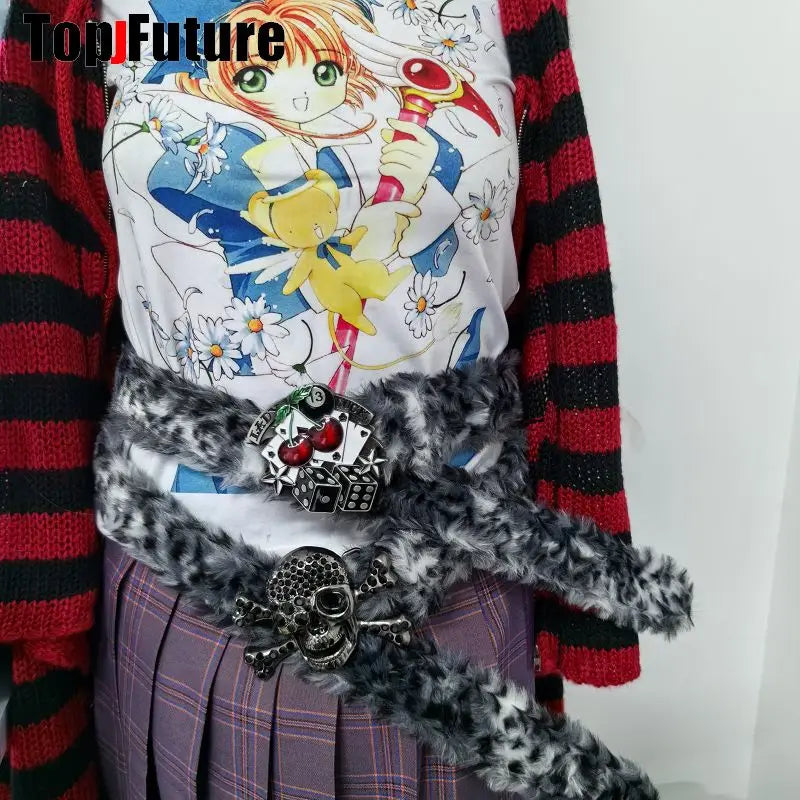 Y2K-Harajuku Western Cowboy Furry Snowleopard Punk Skull Belt, Gift for Women and Men, Girls