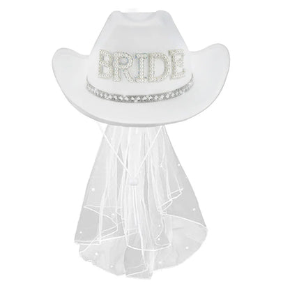 Chapeau de Cowboy blanc de mariée avec voile, perles et strass, chapeau de Cowgirl pour mariage, enterrement de vie de jeune fille, douche nuptiale, décoration, cadeau