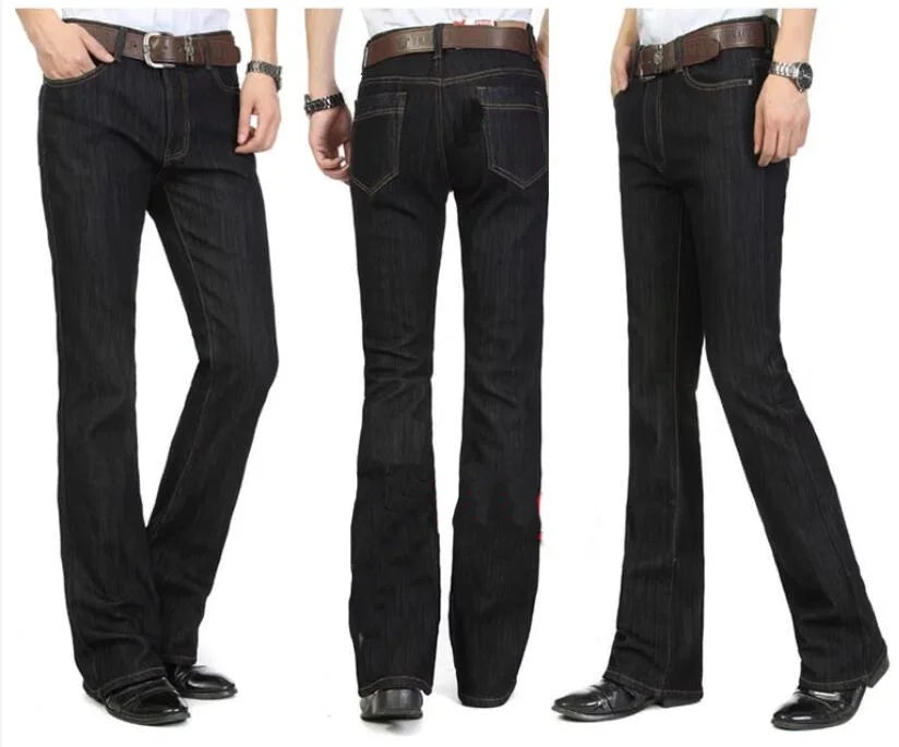 Men's Flared Jeans For Winter Thick Mid High Waist Slim Bell-bottoms Pants Elastic Fared Denim Trousers Size 26-40