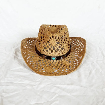 Ethnic Style Western Cowboy Straw Hats Women Handmade Hollowed Sun Hats Shapeable Beach Hat Panama with Detachable Chin Strap