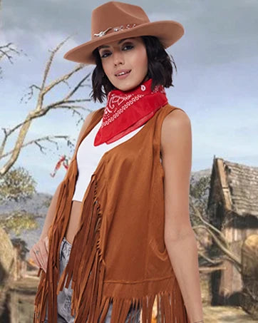 Women's Cowgirl Costume 3 Pcs Faux Suede Fringe Vest with Rivets Cowboy Hat Carnival Party Outfit Clubwear