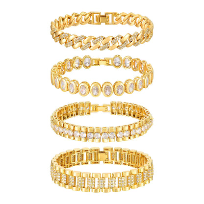 Paperclip Chain Bracelet 14K Gold Plated Cubic Zirconia Watch Strap Chunky Link Adjustable Stackable Jewelry For Women Girl Gift