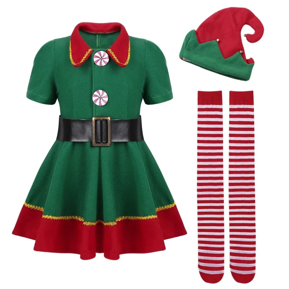 Children and adults Christmas elf costumes, Santa Claus costume sets, green elves, Halloween cosplay in 2026,