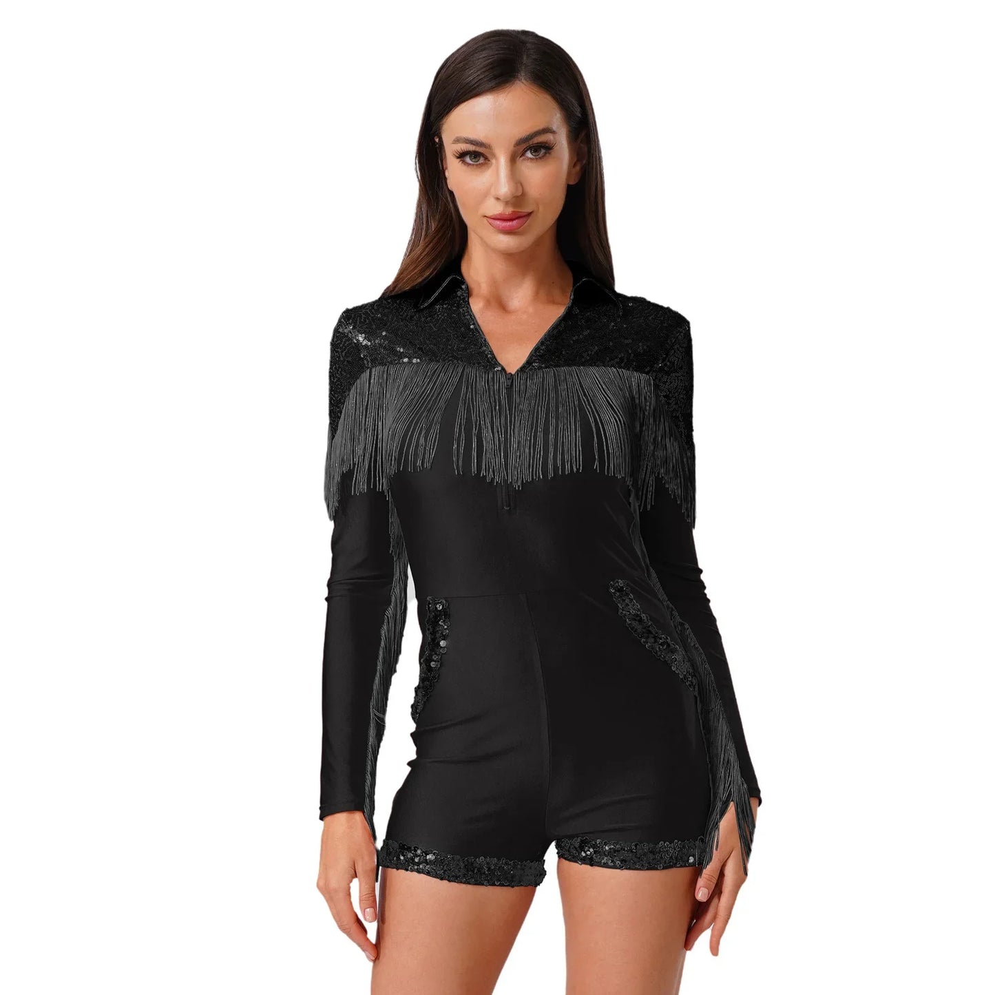 Womens Sequins Western Cowgirl Cosplay Costume Tassel Fringe Boyshorts Rompers 70s 80s Disco Bodysuit Front Zip Playsuit