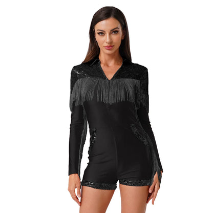 Womens Sequins Western Cowgirl Cosplay Costume Tassel Fringe Boyshorts Rompers 70s 80s Disco Bodysuit Front Zip Playsuit