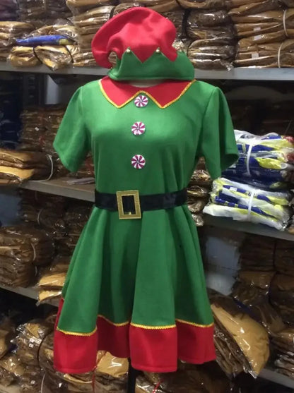 Costumes d'elfes de Noël pour femmes, costume de Noël et d'Halloween, robe d'elfe verte et rouge à manches longues pour filles, costume de Noël pour enfants