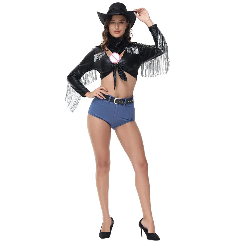 Costume de Cosplay de Cowboy occidental Disco, chanteur Sexy, pompon d'halloween, col en V profond, chemise en cuir à manches longues, pantalon court, Costume Hottie