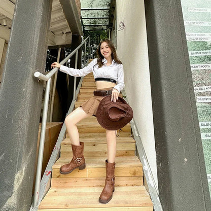 Designer Luxury Brand Retro Real Leather Brown Cropped Cowboy Boots Chunky Heel Sleeve Square Punk Style Botas Mujer Hot Selling